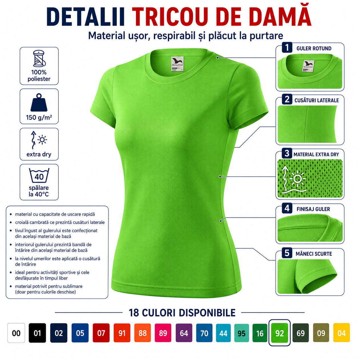 Tricou damă sport disponibil în 18 culori pentru sală, fitness, alergare și timp liber